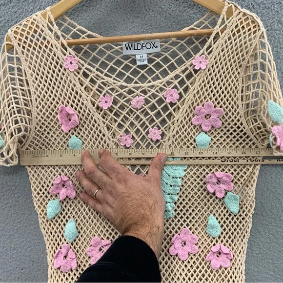 Wildfox Women’s M Crochet Floral Beige Green Embroidered Top Blouse See Through - Picture 4 of 10